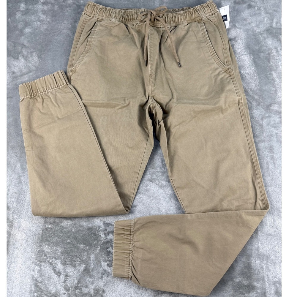 Gap Mens Khaki Cotton Joggers Elastic Waist Drawstring Tan Pants S NWT